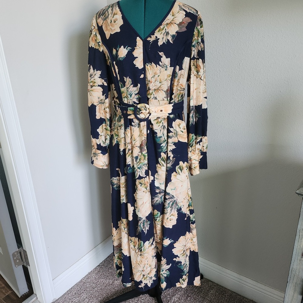 Entro Fit & Flare Dress Womens Large Navy Cream Floral High Waist Midi Belted